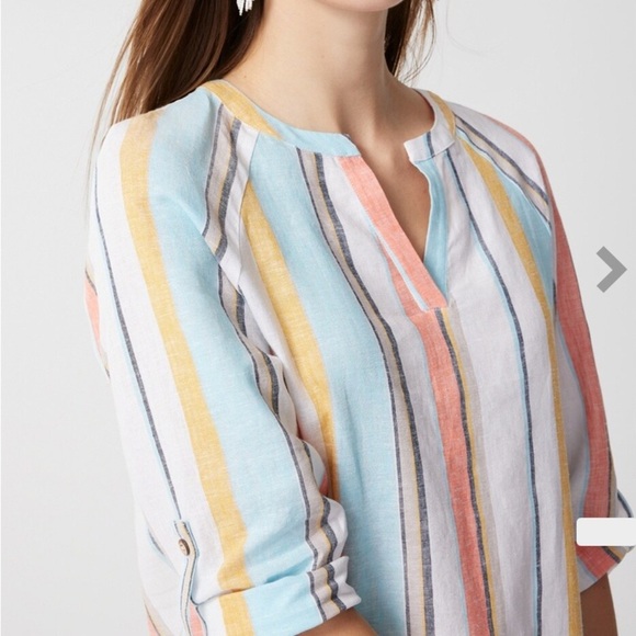 Chico’s Light Stripe Linen-Blend Popover Top Size 2/M - Picture 2 of 5